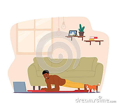 Man Practice Sports Activity At Home Watching Tutorial On Laptop. Male Character Stand In Plank Stretching Legs And Arms Vector Illustration