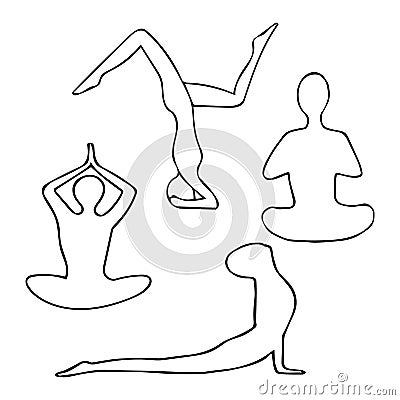 Man practices yoga in lotus position, cobra, balance hand drawn in doodle style. , scandinavian, monochrome. set of elements for Stock Photo