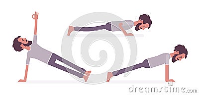 Man practicing yoga, doing Push and press ups, plank pose Vector Illustration