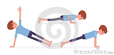 Man practicing yoga, doing Push and press ups, plank pose Vector Illustration