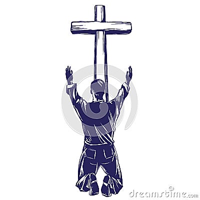 Man praises God for the forgiveness of his sins, crucified on the cross symbol of Christianity hand drawn vector Vector Illustration