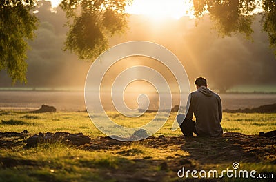 Man Praying on Field Stock Photo