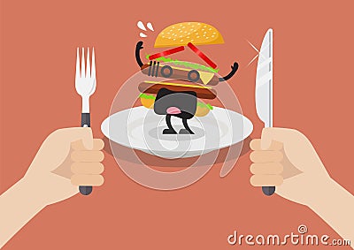 Man prepare to eat scared burger Vector Illustration