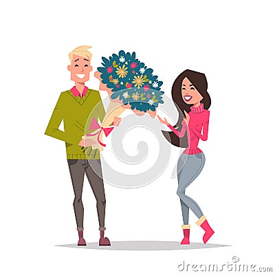 Man present woman bouquet of flowers happy valentines day holiday concept young couple in love male female cartoon Vector Illustration