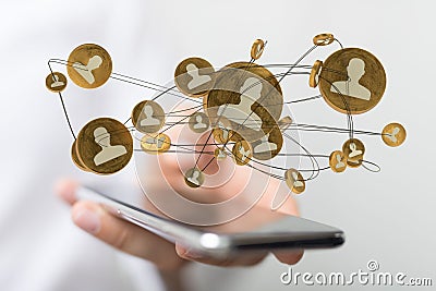 Man presenting 3D rendered human network icons above a phone screen - concept of networking Stock Photo