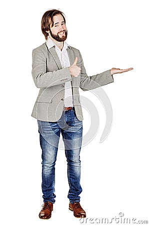 Man presenting or showing something your text or product. human Stock Photo