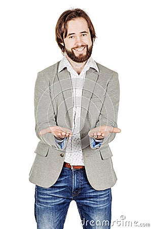 Man presenting or showing something your text or product. human Stock Photo