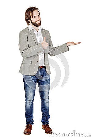 Man presenting or showing something your text or product. human Stock Photo