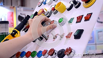 Man presses buttons on production control panel stock video Man presses buttons on production control panel stock video