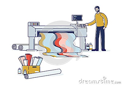 Man printing at plotter wide format banner with coloful ink. Printshop and polygraphy office Vector Illustration