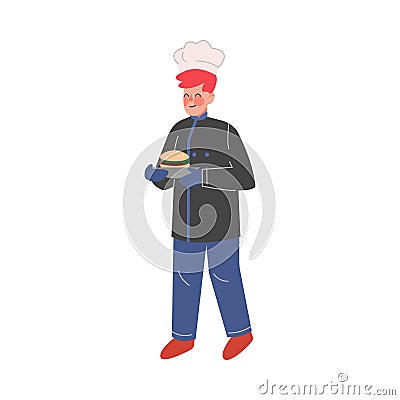 Man Professional Chef Character with Freshly Cooked Burger, Male Baker Wearing Traditional Uniform Working in Restaurant Vector Illustration