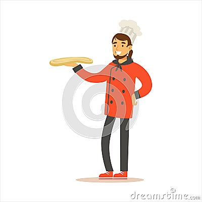 Man Professional Cooking Chef Working In Restaurant Wearing Classic Traditional Uniform WIth Pizza Dough Cartoon Vector Illustration