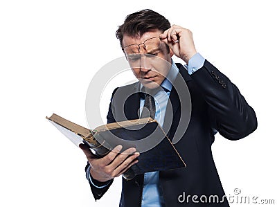 Man professor teacher reading ancient book Stock Photo