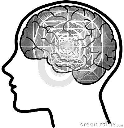 Man profile with visible brain and grey maze Cartoon Illustration