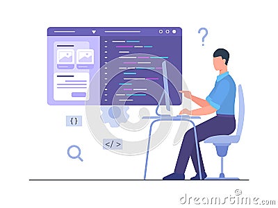 Man programer sit chair work on computer create development mobile app with flat cartoon style. Vector Illustration
