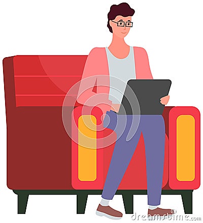 Man programer working with laptop. Remote work, programming, online home freelancing, learning Vector Illustration