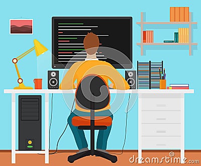 Man programmer back working on his PC computer. Coding and programming. Office interior programmer. Vector Illustration