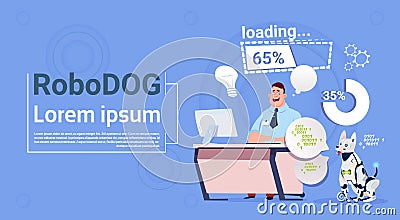Man Programmer Coding On Computer Working With Robotic Dog Domestic Animal Modern Robot Pet Artificial Intelligence Vector Illustration