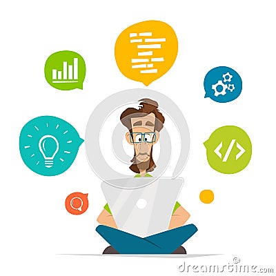 Man programmer freelancer student character and laptop notebook Vector Illustration