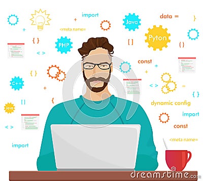 Man programmer hipster is working coding and programming on his laptop. Programmer php code occupation concept. Vector Illustration