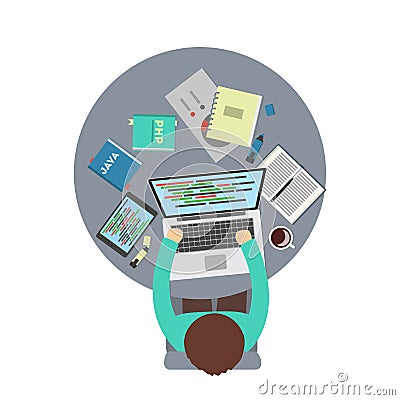 Man programmer with laptop. Vector Illustration