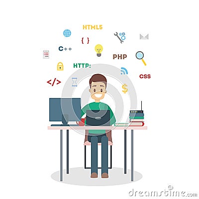 Man programmer with laptop. Vector Illustration