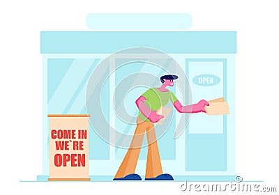 Man Promoter, Owner or Giving Invitation Flyers at Store Entrance for Shop Open Event, Salesman Inviting People to Visit Boutique Vector Illustration