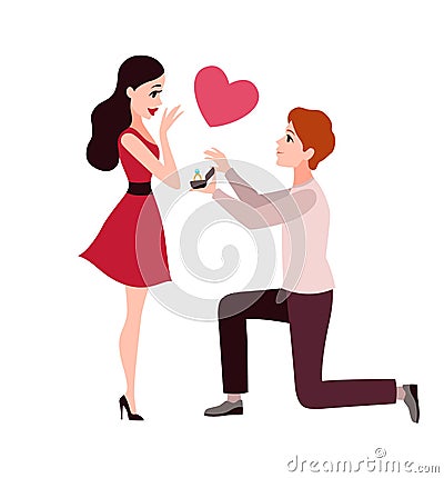 Man proposes woman to marry him. Love engagement, lover stand on knee and asking woman merry him, gives gold ring with Vector Illustration