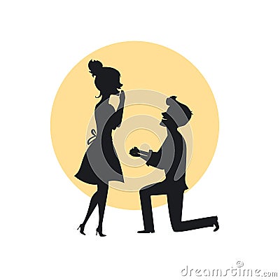 Man proposing to a woman kneeling, romantic couple silhouette Vector Illustration