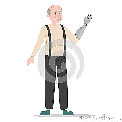 Man with prosthetic arm vector isolated. Bionic limb Vector Illustration