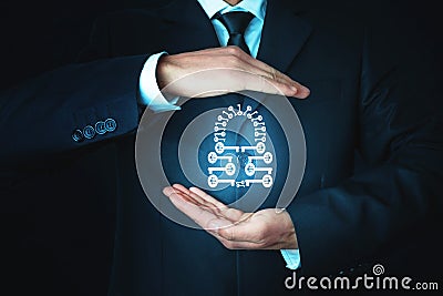 Man protect padlock. Made of many keys. Security concept Stock Photo