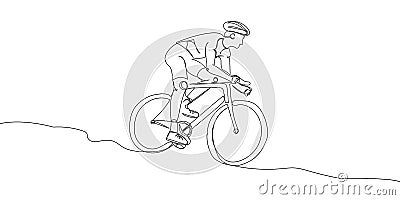 Man in a protective helmet rides a bicycle one line art. Continuous line drawing sports, training, sport, leisure, race Vector Illustration