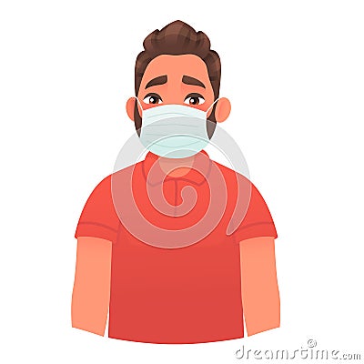 Man in a protective medical mask. Protection against viruses and bacteria. Vector illustration Cartoon Illustration