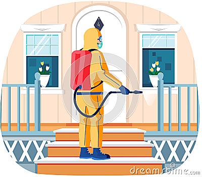 Man in protective suit disinfects stairs on doorstep with spray gun. Sanitary worker cleans porch Vector Illustration