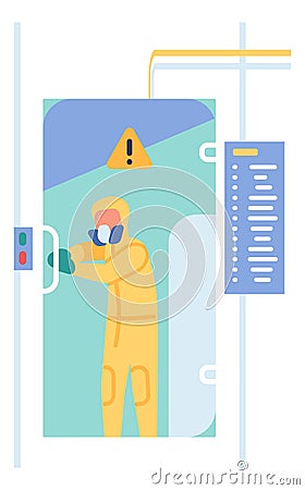 Man in protective suit entering hazard zone. Person in hazmat open door in danger area Vector Illustration