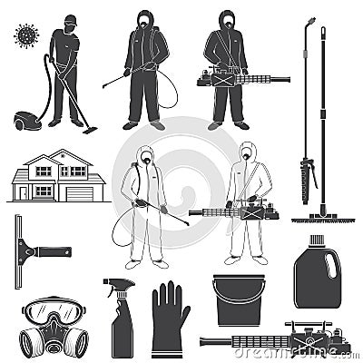 Man in protective suit, gas mask and gas cylinder for disinfection coronavirus. Vector Toxic and chemicals protection Vector Illustration