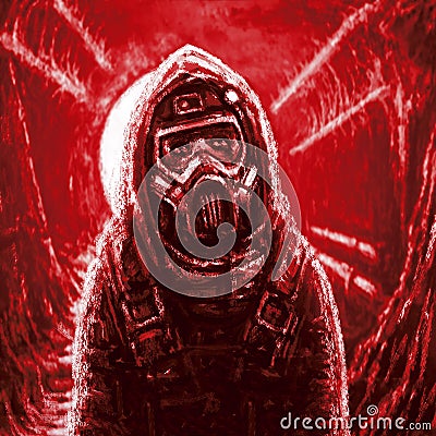 Man in gas mask. Infection area. Red color. Stock Photo