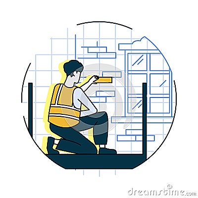 Man in protective uniform build wall from bricks. Process of build house concept Vector Illustration