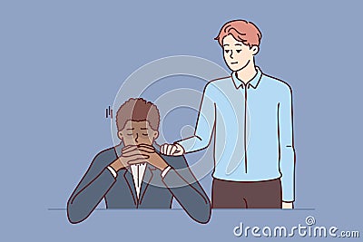 Man provides friendly support to African American colleague fired due to lack of skills Vector Illustration