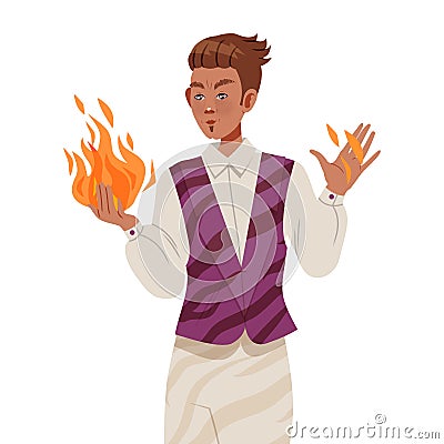 Man Psychic and Stage Magician Performing Trick Holding Flame with Bare Hands Vector Illustration Vector Illustration