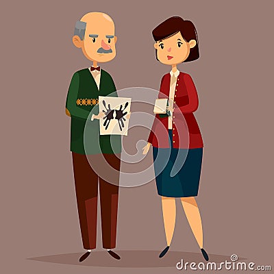 Man psychologist holding rorschach test and woman Vector Illustration