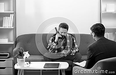 Man with psychologist theraphy social problems concept alcohol addiction. Middle aged man crisis. Stock Photo