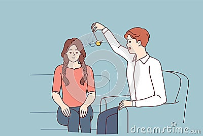 Man psychotherapist hypnotizes woman patient using pendulum to solve psychological problems Vector Illustration