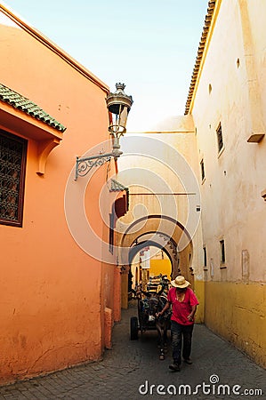 Man pull wood with a donkey cart in the small alley. Marrakesh Editorial Stock Photo