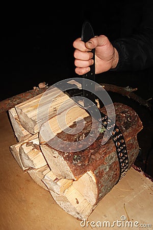 The man pulled the leather belt over the logs and holds them in his hand. Stock Photo