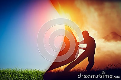 Man pulling curtain of darkness to reveal a new better world. Change. Stock Photo