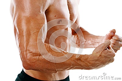 man with a pumped up body muscle closeup workout bodybuilders Stock Photo