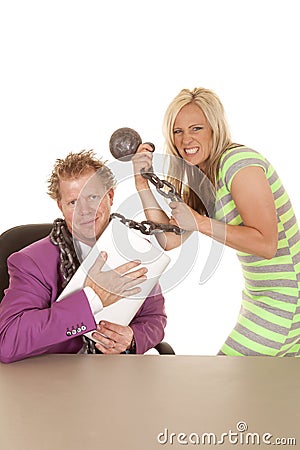 Man purple suit woman green dress chain laptop hold Stock Photo