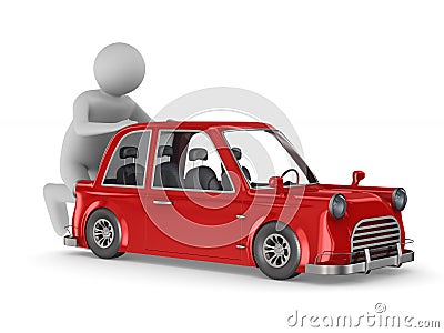 Man pushes broken car on white background. Isolated 3D illustration Cartoon Illustration