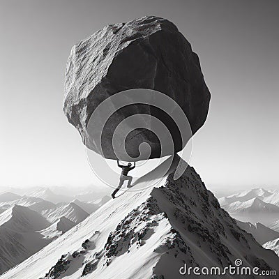 A man pushes a large, heavy stone to the top of a mountain. Stock Photo